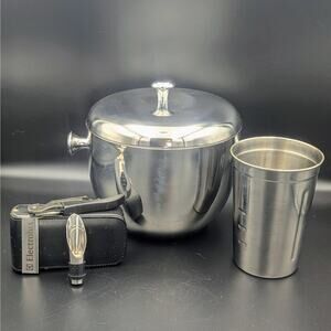 Stainless Steel Bar Set • Mikasa Ice Bucket • Shaker • Leather Bar Tool Case